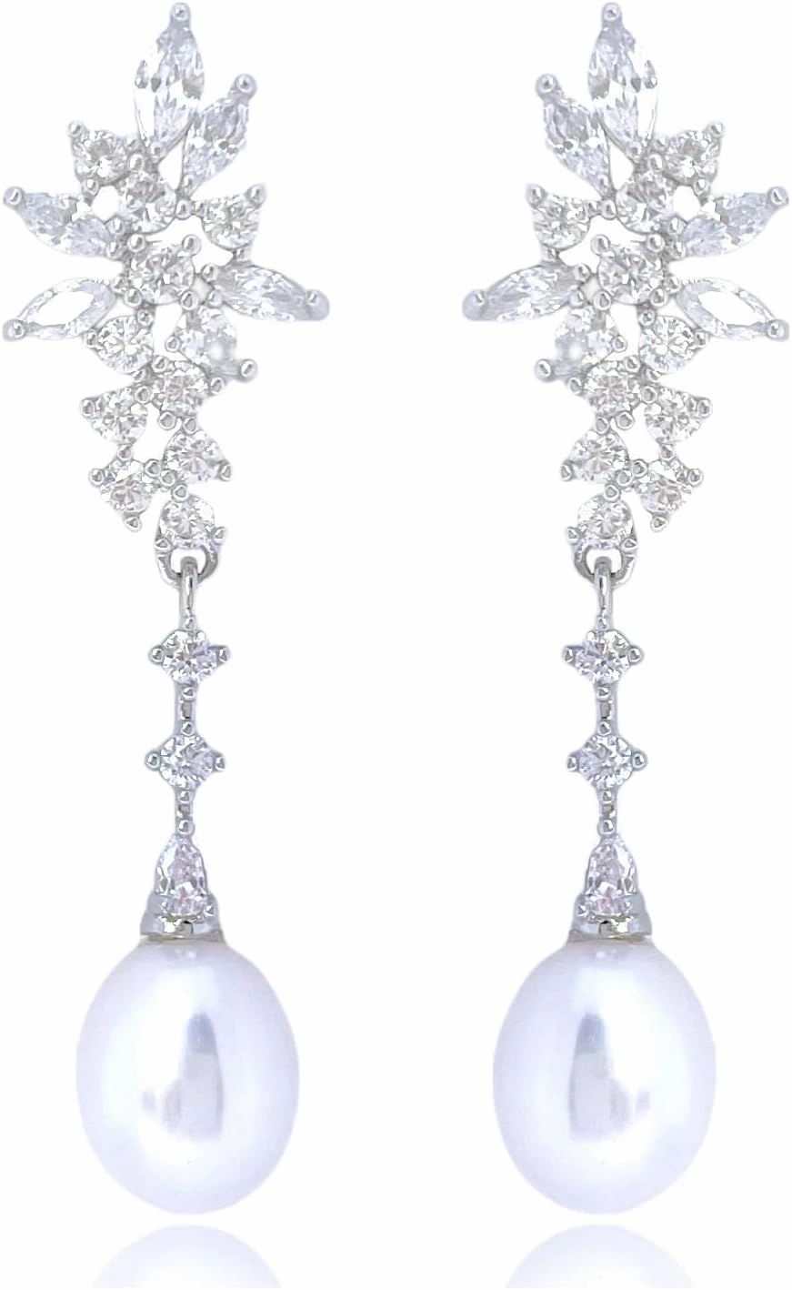 pearl earrings for women bridal wedding earrings for brides cubic zirconia freshwater pearl drop dangle 14K gold plated statement Jewelry Gift for wife birthday