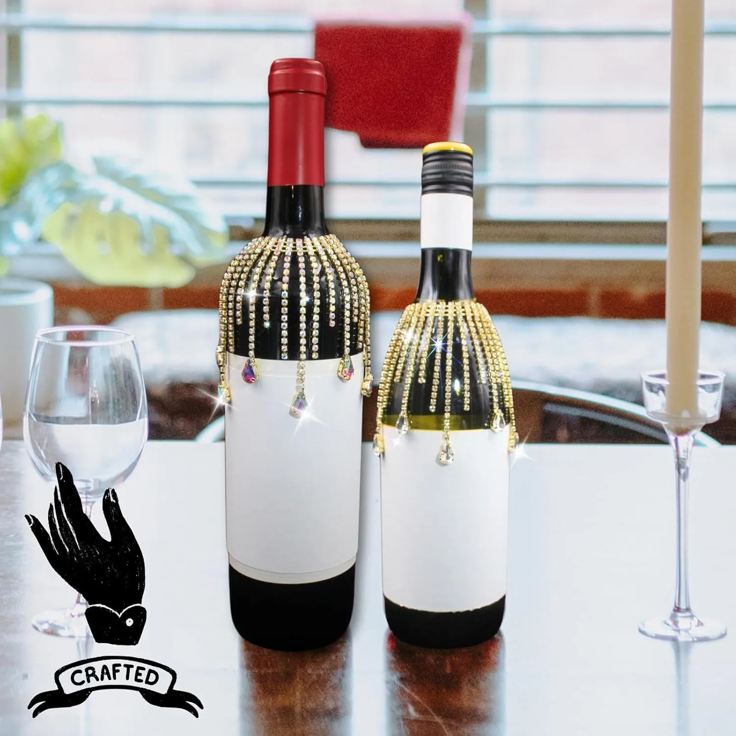 PEARLY JUN Wine Bottle Cover Fringe Wedding Wine Bag Engagement Gold AB New Couples Rhinestone Mr and Mrs Marriage Wedding Gifts Bride and Groom Table Decorations