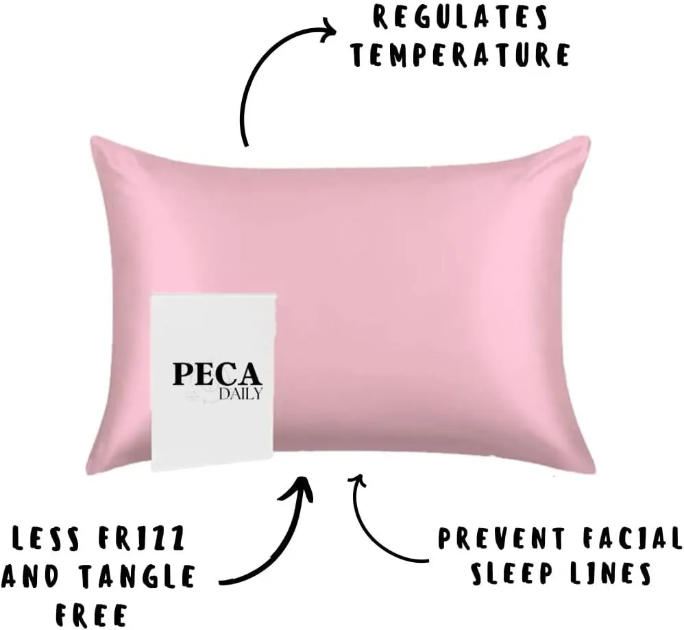 Peca Daily Real Silk Pillowcases 3-Pack - Mulberry Silk Pillow Case, Scrunchie & Eye Mask for Hair & Skin; Silk Pillow Cases Standard Size 100% Silk Pillowcases for Curly Hair-Pink Set