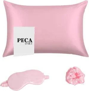 Peca Daily Real Silk Pillowcases 3-Pack - Mulberry Silk Pillow Case, Scrunchie & Eye Mask for Hair & Skin; Silk Pillow Cases Standard Size 100% Silk Pillowcases for Curly Hair-Pink Set