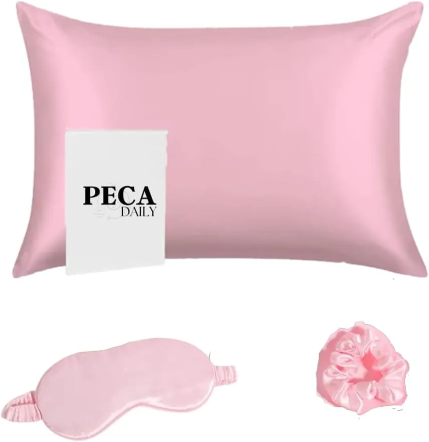 Peca Daily Real Silk Pillowcases 3-Pack - Mulberry Silk Pillow Case, Scrunchie & Eye Mask for Hair & Skin; Silk Pillow Cases Standard Size 100% Silk Pillowcases for Curly Hair-Pink Set