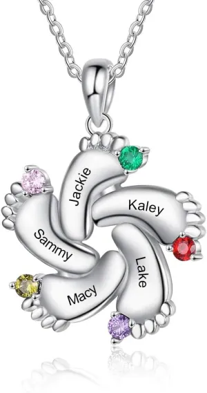 Personalized Mother Necklace with Birthstone 1-6 Names Custom Feet Pendant Necklace for Mom Customized Family Jewelry for Mothers Day