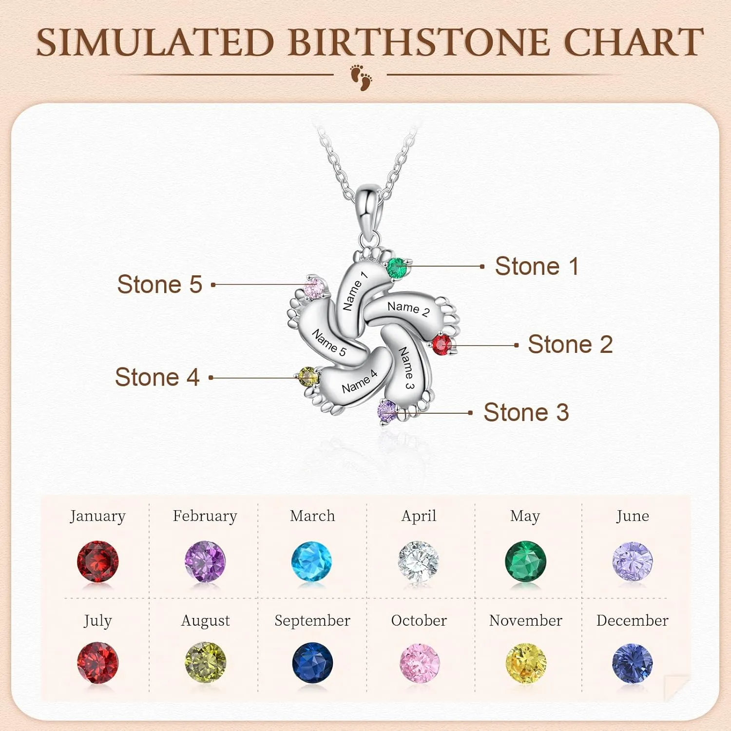 Personalized Mother Necklace with Birthstone 1-6 Names Custom Feet Pendant Necklace for Mom Customized Family Jewelry for Mothers Day