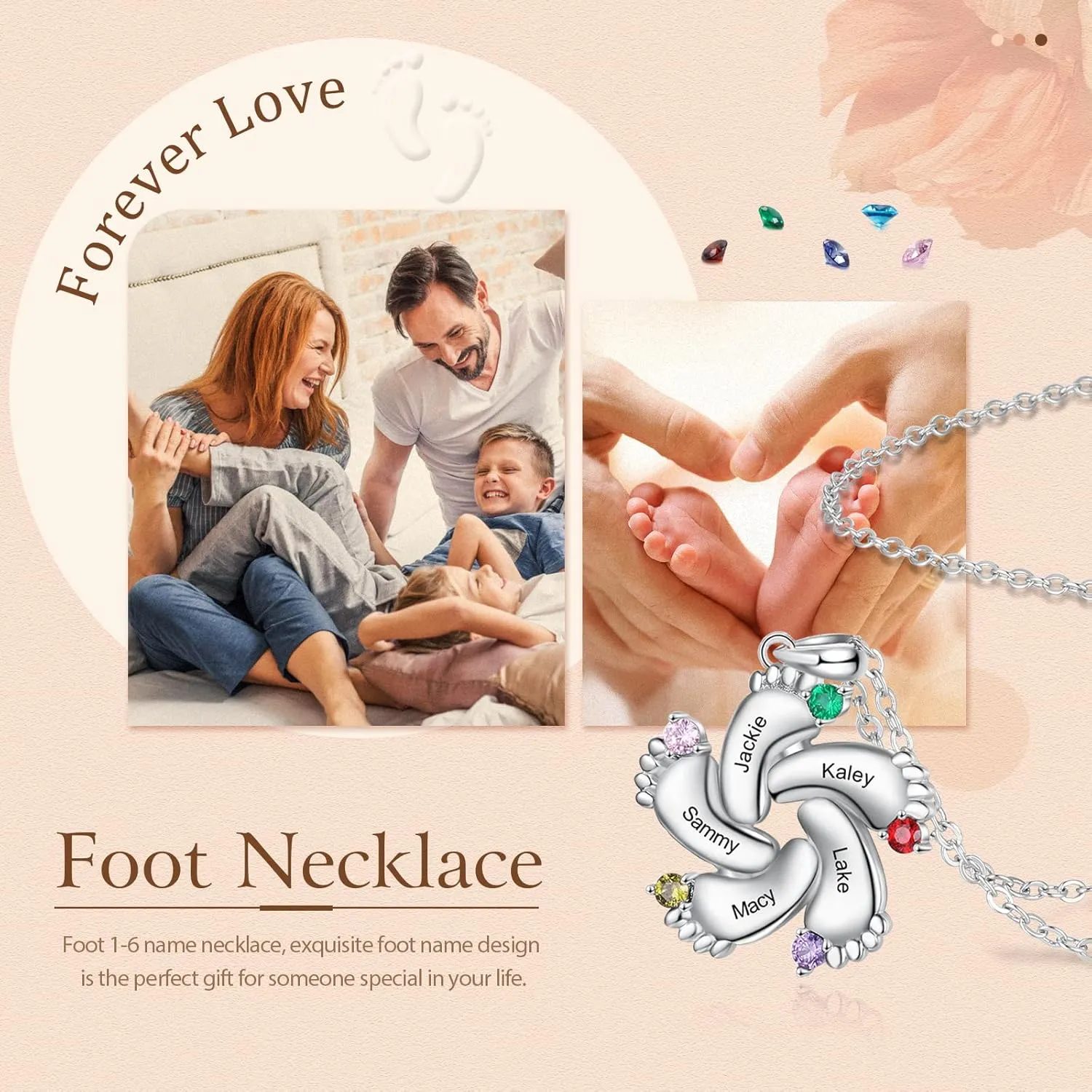 Personalized Mother Necklace with Birthstone 1-6 Names Custom Feet Pendant Necklace for Mom Customized Family Jewelry for Mothers Day