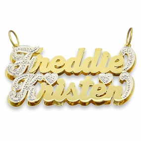 Personalized 3D Pendant Custom Script Couple Name Charm Solid 10k Yellow 2 Tone Gold