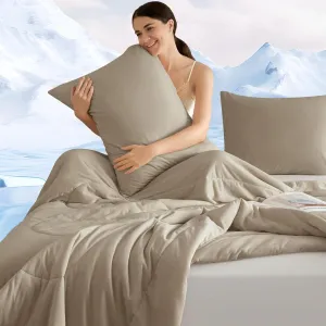 PHF Cooling Comforter Set King Size, 3PCS Soft Breathable Lightweight Summer Bedding for Hot Sleepers, Silk Smooth Double-Side Cooling Bed Set with 1 Comforter and 2 Pillowcases, Simple Taupe