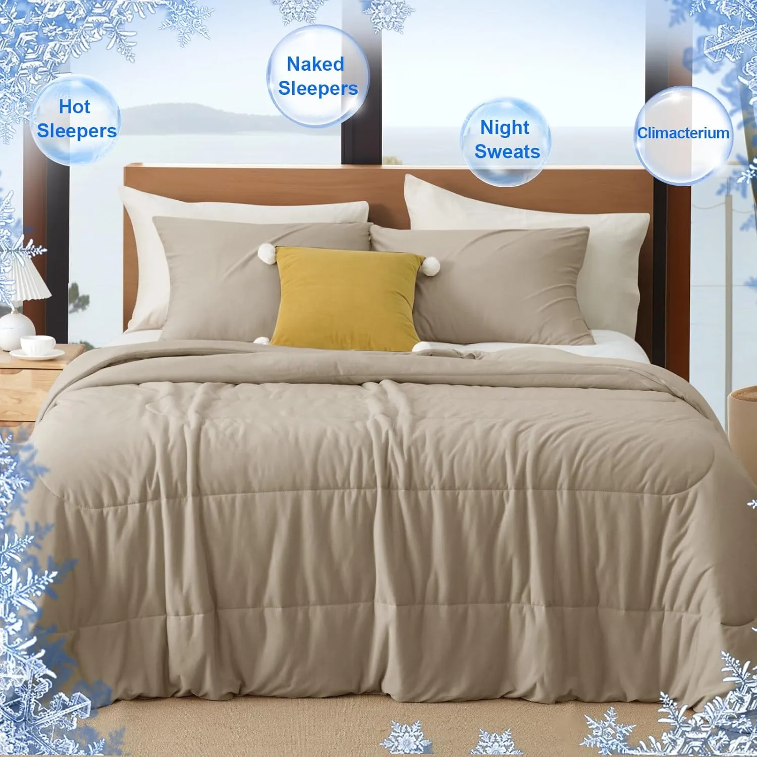 PHF Cooling Comforter Set King Size, 3PCS Soft Breathable Lightweight Summer Bedding for Hot Sleepers, Silk Smooth Double-Side Cooling Bed Set with 1 Comforter and 2 Pillowcases, Simple Taupe