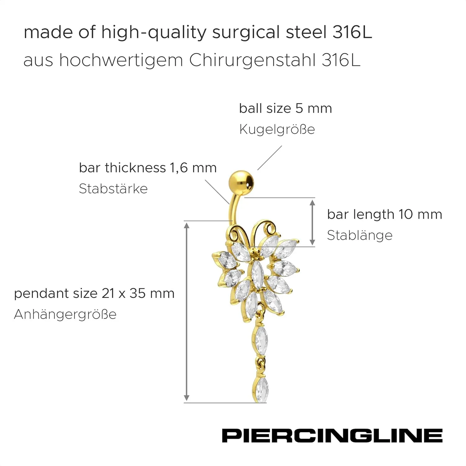 PIERCINGLINE surgical steel dangle belly button piercing with big butterfly - belly button ring surgical steel, gold, silver, rosegold piercing - new version with improved durability