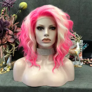 Pink Blonde Lace Front Wigs Short Bob Wavy Wigs Synthetic Hair Wig Free Part with Natural Hairline Shoulder Length for Women (Blonde Pink)