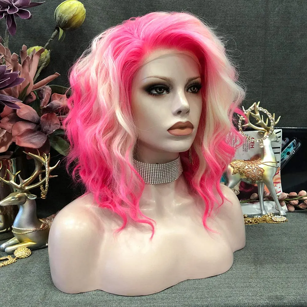 Pink Blonde Lace Front Wigs Short Bob Wavy Wigs Synthetic Hair Wig Free Part with Natural Hairline Shoulder Length for Women (Blonde Pink)