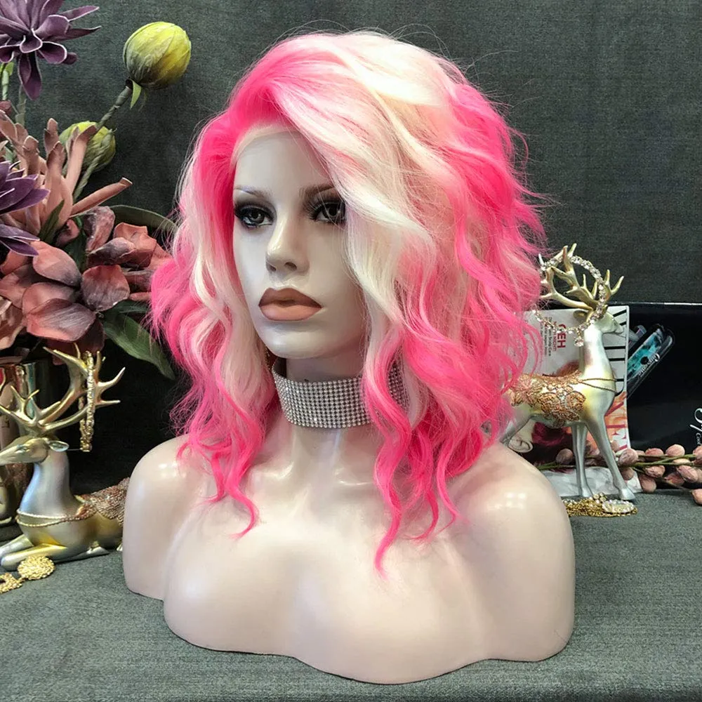 Pink Blonde Lace Front Wigs Short Bob Wavy Wigs Synthetic Hair Wig Free Part with Natural Hairline Shoulder Length for Women (Blonde Pink)