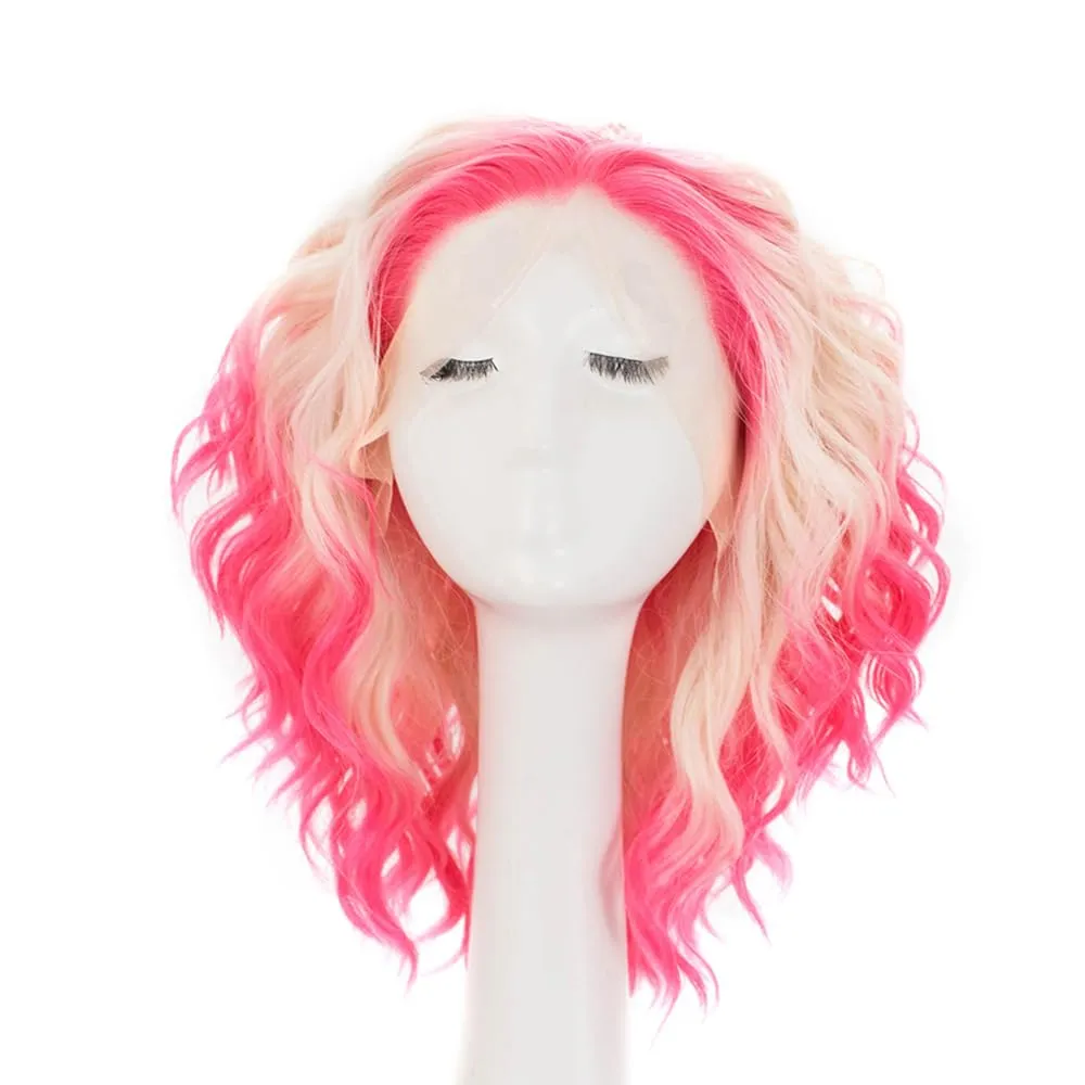 Pink Blonde Lace Front Wigs Short Bob Wavy Wigs Synthetic Hair Wig Free Part with Natural Hairline Shoulder Length for Women (Blonde Pink)