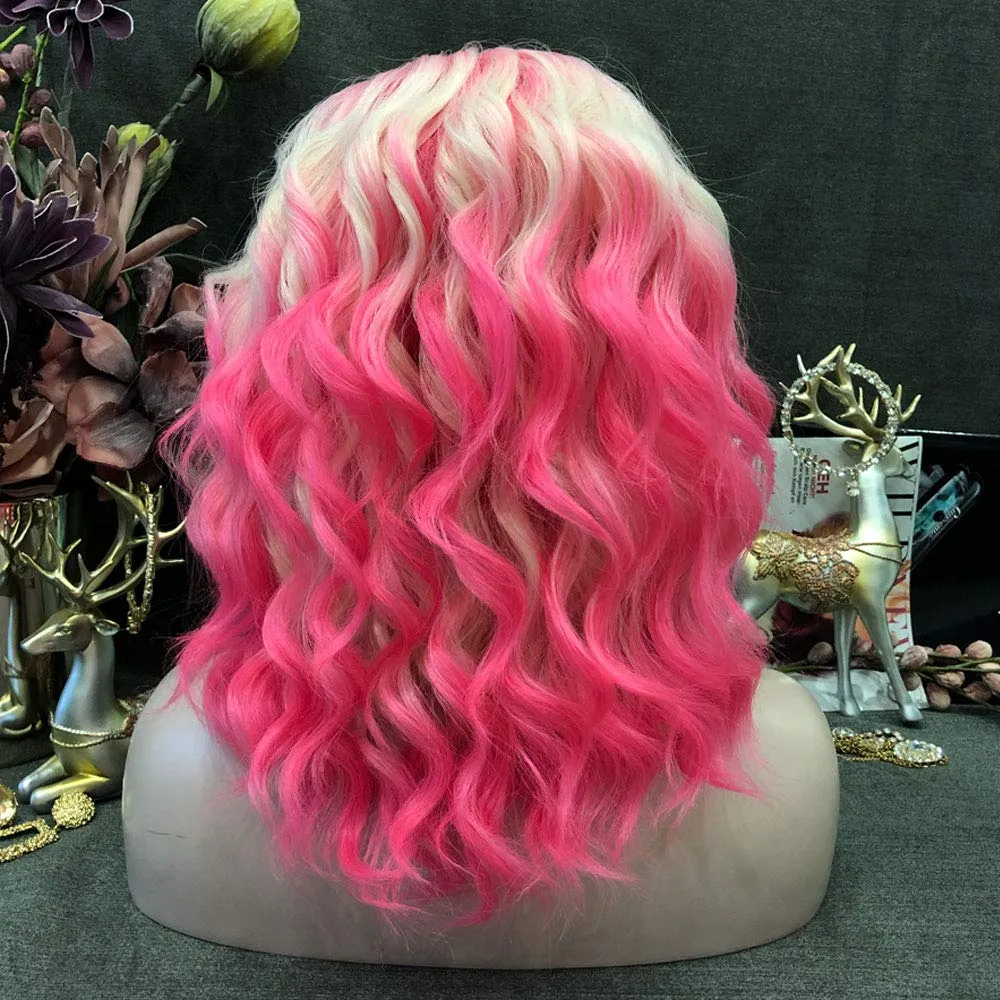 Pink Blonde Lace Front Wigs Short Bob Wavy Wigs Synthetic Hair Wig Free Part with Natural Hairline Shoulder Length for Women (Blonde Pink)