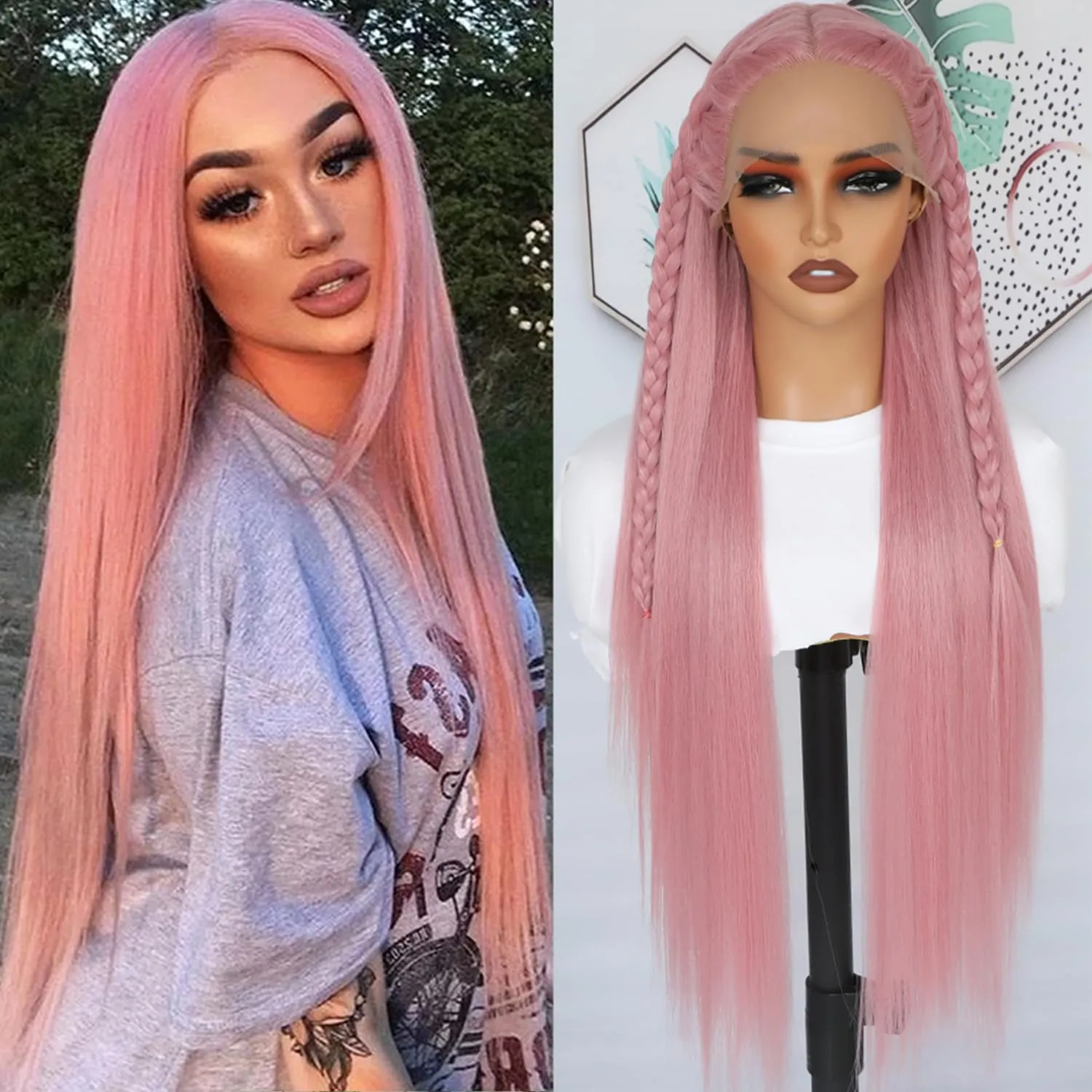 Pink Lace Front Wigs Pre Plucked Ready to Wear Wigs Long Straight Wigs Glueless Dark Pink Wig Wear and Go Wig Heat Resistant Synthetic Lace Front Wig for Black Women