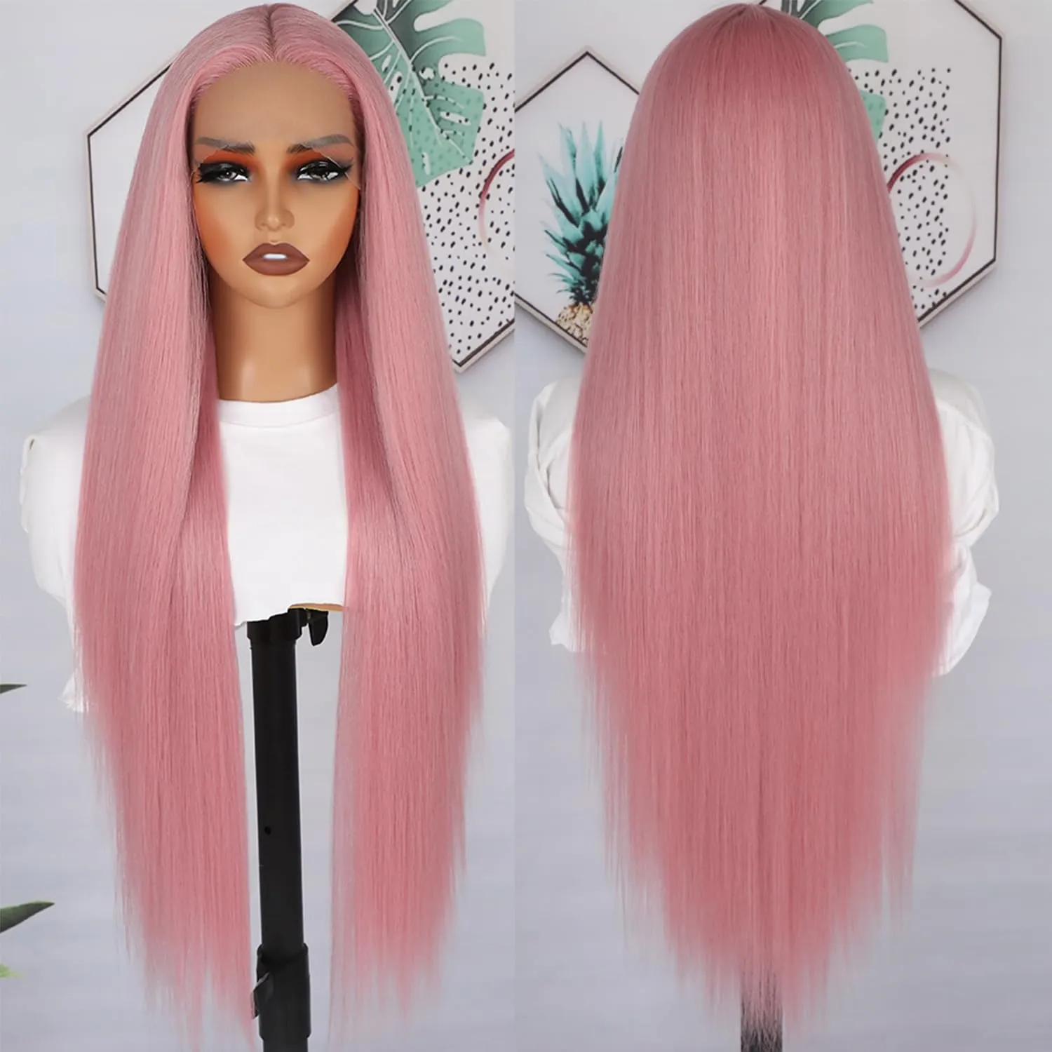 Pink Lace Front Wigs Pre Plucked Ready to Wear Wigs Long Straight Wigs Glueless Dark Pink Wig Wear and Go Wig Heat Resistant Synthetic Lace Front Wig for Black Women