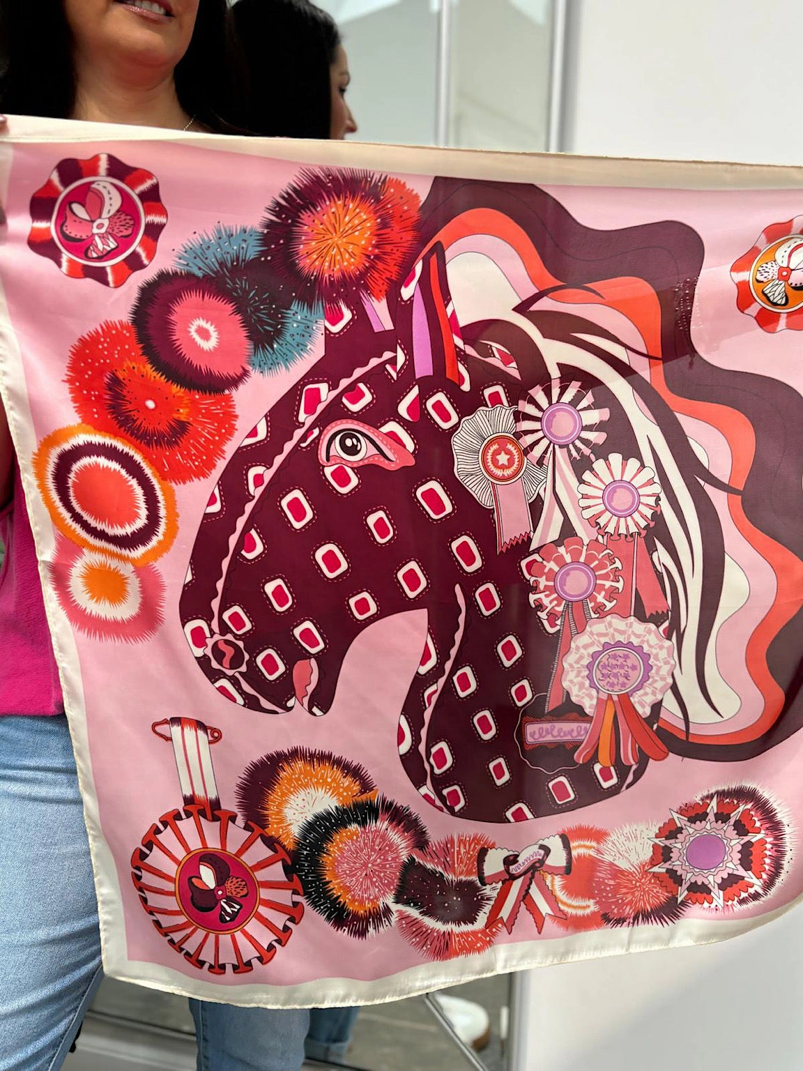 Pink Multi Pattern Silk Blend Scarf