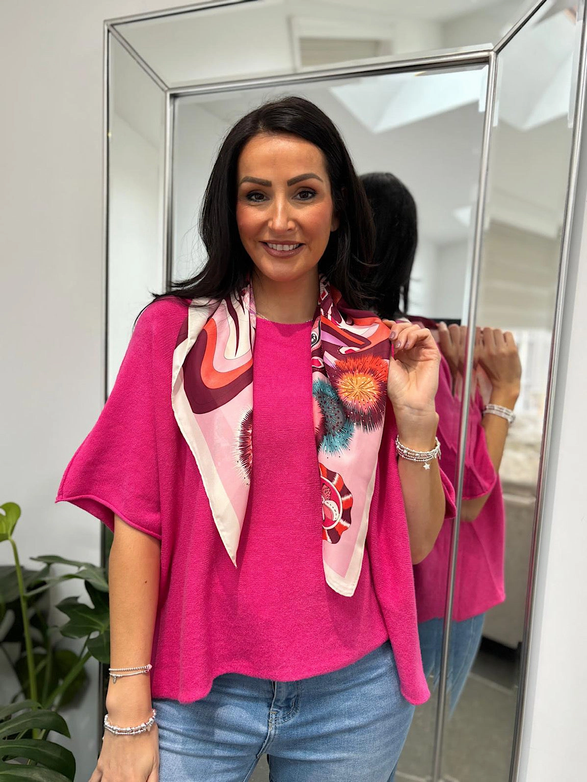 Pink Multi Pattern Silk Blend Scarf