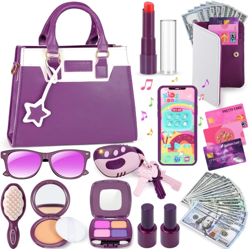 Play Purse for Little Girls, Toddler Purse with Pretend Makeup, 29PCS Kids Purse Little Girls Toys, Princess Pretend Play Girl Toys for 3 4 5 6 7 8 Years Old, Toddler Birthday Gift Age 3 