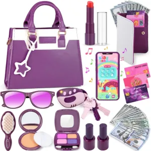 Play Purse for Little Girls, Toddler Purse with Pretend Makeup, 29PCS Kids Purse Little Girls Toys, Princess Pretend Play Girl Toys for 3 4 5 6 7 8 Years Old, Toddler Birthday Gift Age 3 