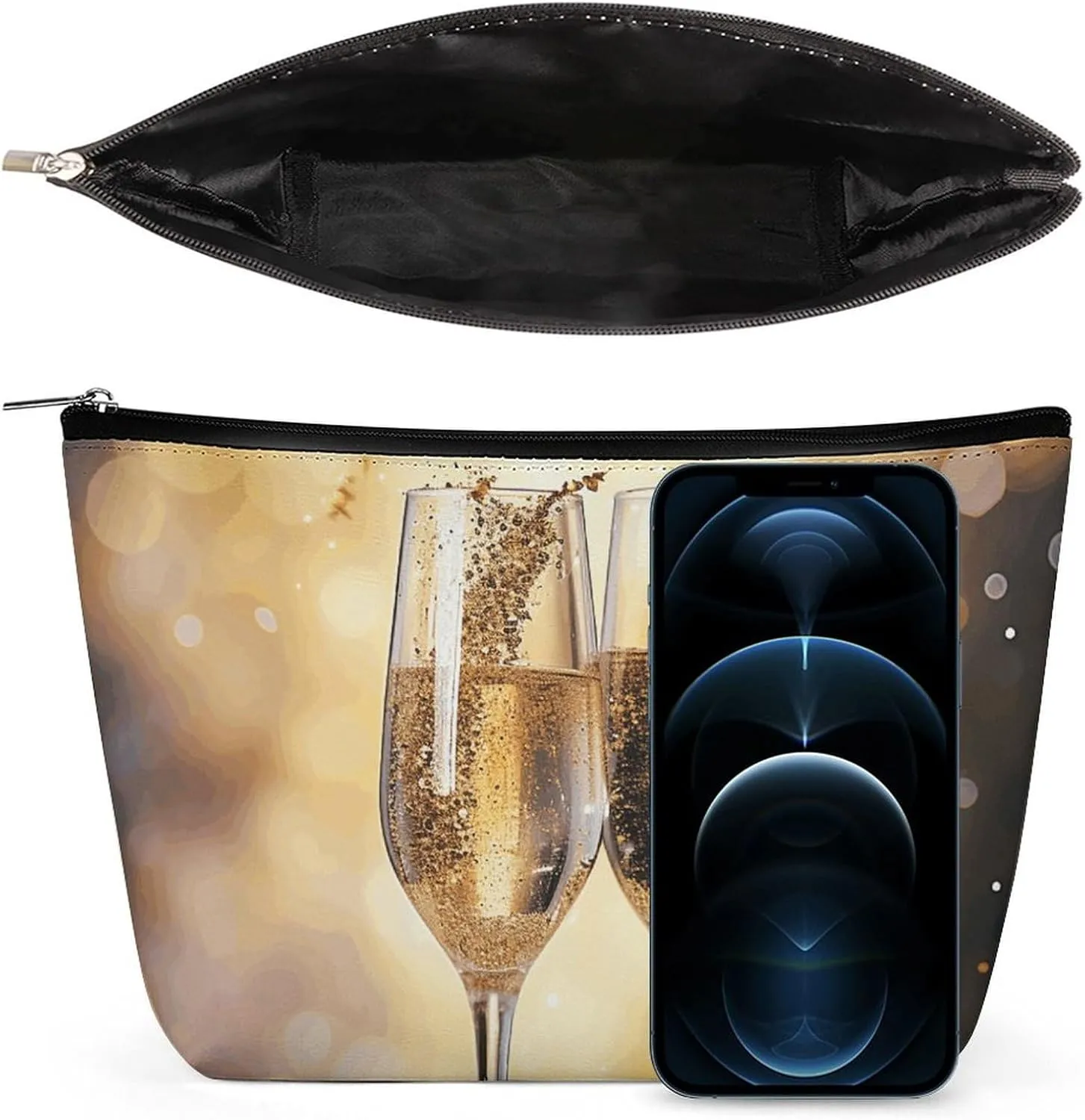 Portable Small Cosmetic Bag Cute Travel Makeup Bag Two Glasses of Champagne Waterproof Toiletry Bag for Women