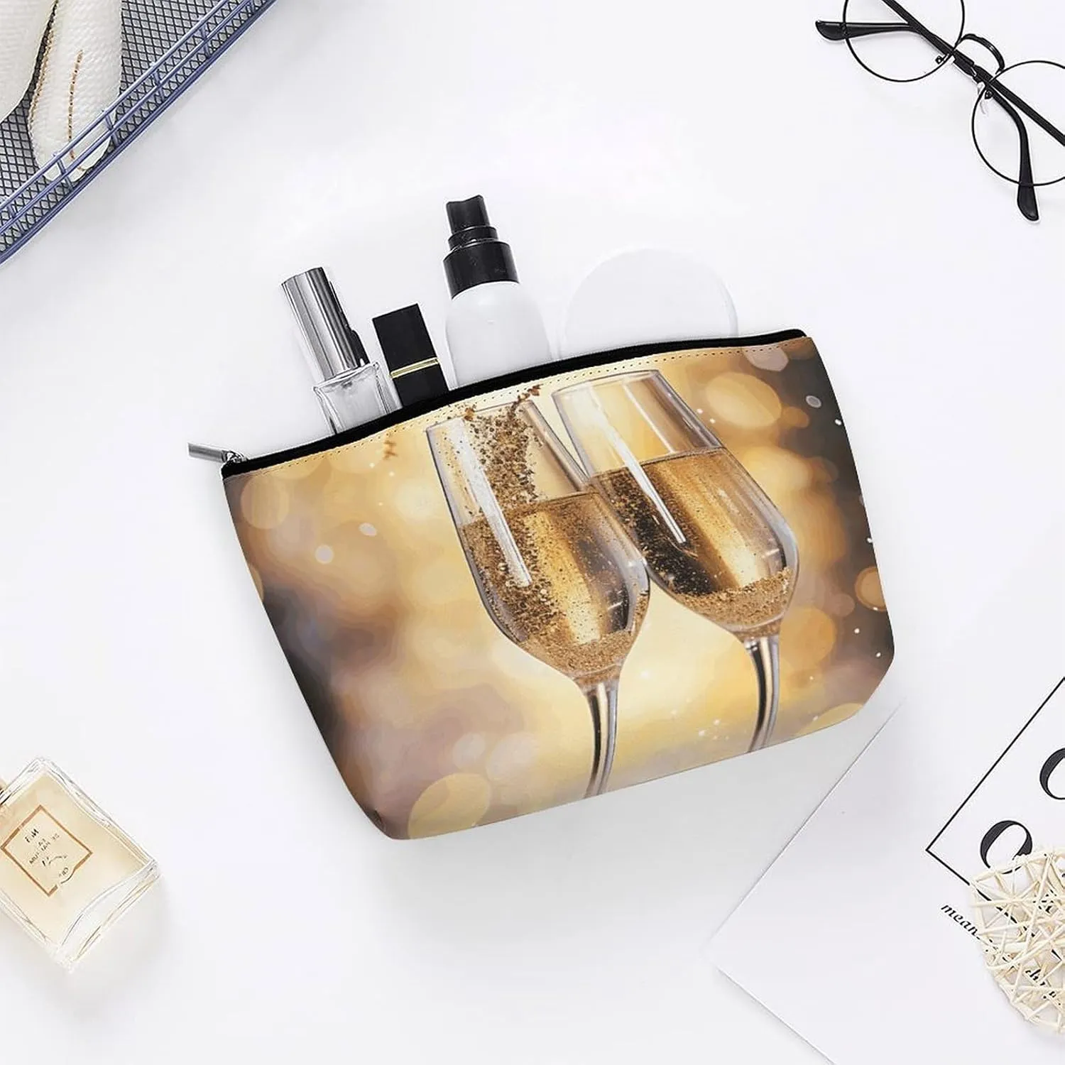 Portable Small Cosmetic Bag Cute Travel Makeup Bag Two Glasses of Champagne Waterproof Toiletry Bag for Women