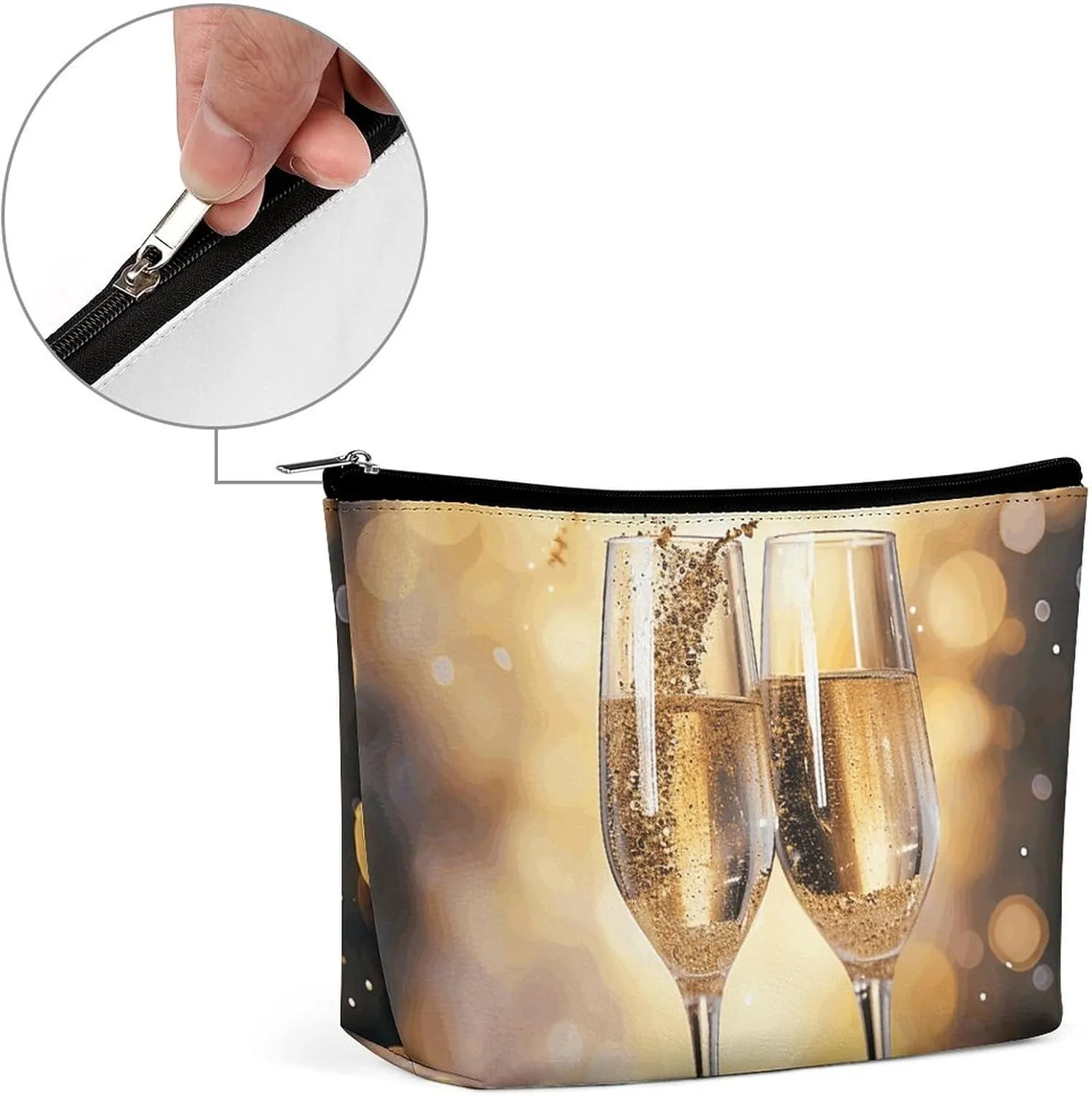 Portable Small Cosmetic Bag Cute Travel Makeup Bag Two Glasses of Champagne Waterproof Toiletry Bag for Women