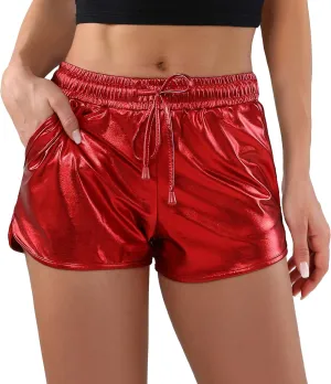 POSHDIVAH Metallic Shorts for Women Hot Sparkly Shiny Shorts with Elastic Drawstring