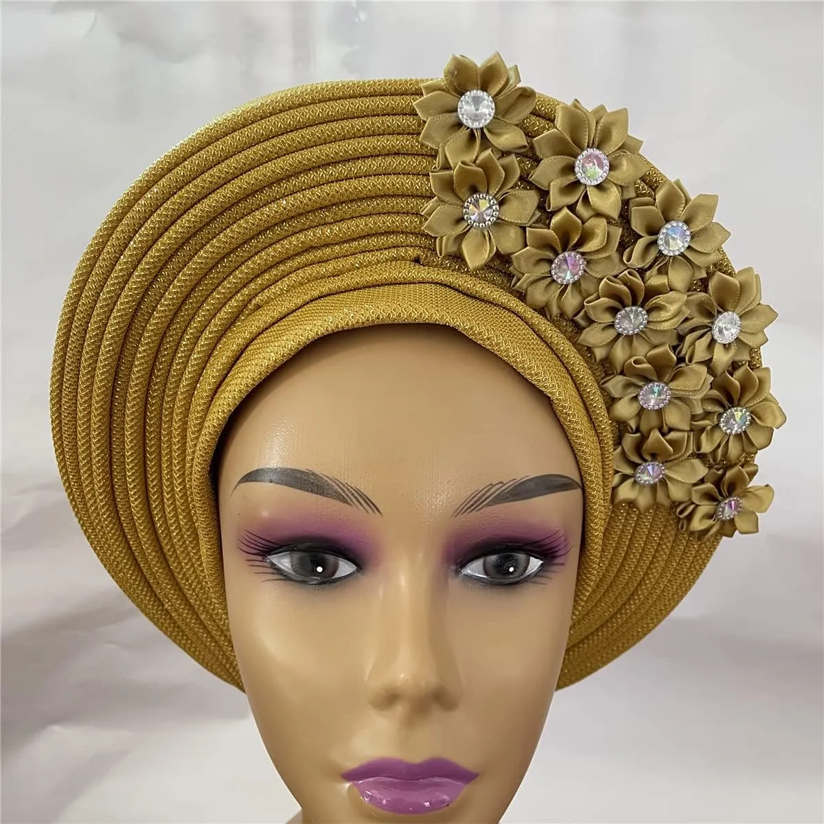 Pre Tied African Headtie Hat Turban Cap for Women Nigerian ASO Oke Headtie Auto Gele Head Wrap for Wedding Party-200G