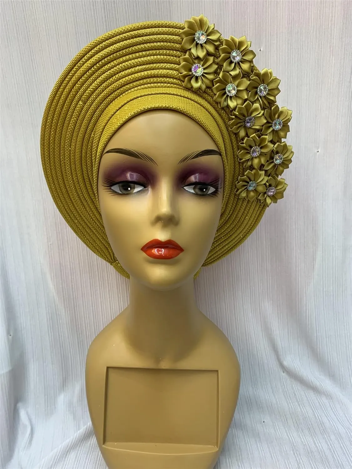 Pre Tied African Headtie Hat Turban Cap for Women Nigerian ASO Oke Headtie Auto Gele Head Wrap for Wedding Party-200G
