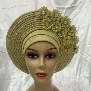 Pre Tied African Headtie Hat Turban Cap for Women Nigerian ASO Oke Headtie Auto Gele Head Wrap for Wedding Party-200G