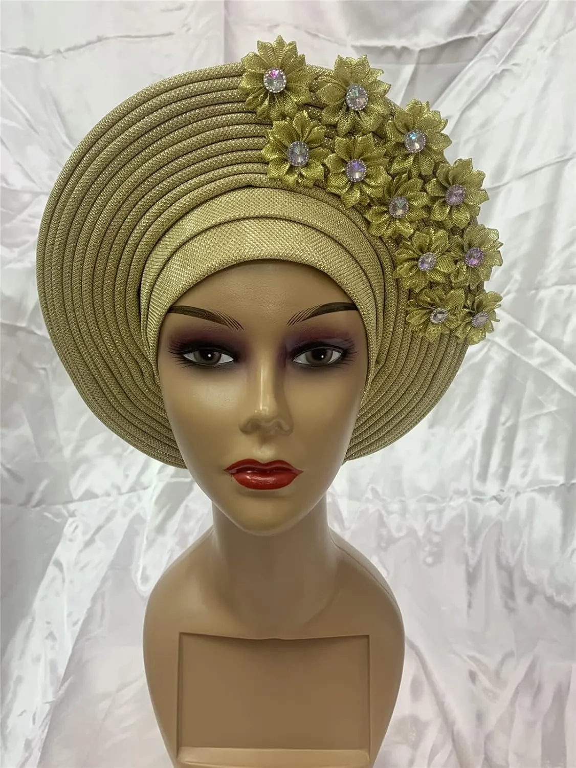 Pre Tied African Headtie Hat Turban Cap for Women Nigerian ASO Oke Headtie Auto Gele Head Wrap for Wedding Party-200G