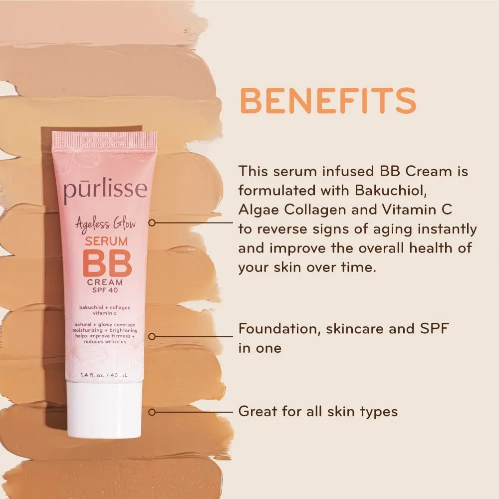 pūrlisse Ageless Glow Serum BB Cream SPF 40 - Glow BB Cream with SPF Enriched with Bakuchiol & Vitamin C to Help Improve Firmness & Reduce Wrinkles for Dewy Skin - Fair (1.4 oz)