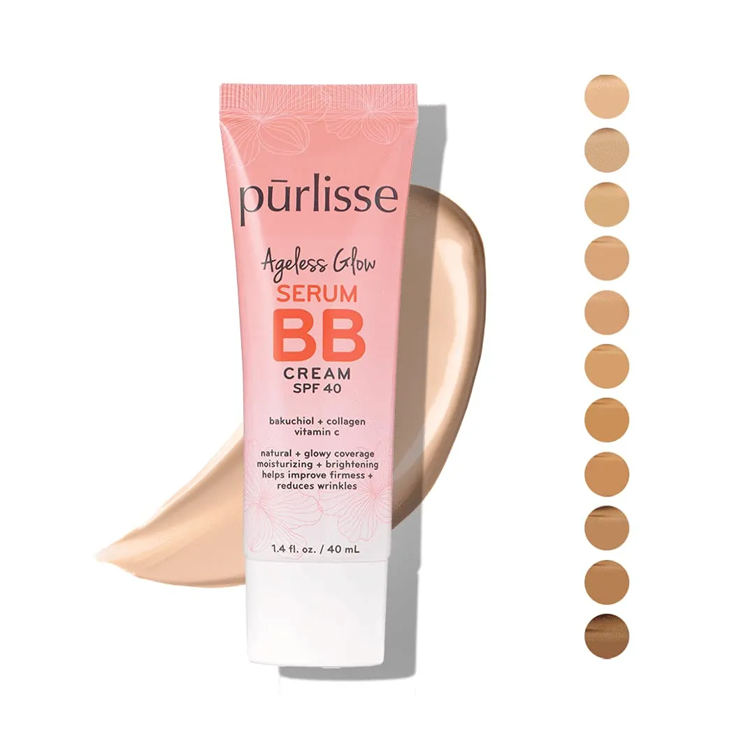 pūrlisse Ageless Glow Serum BB Cream SPF 40 - Glow BB Cream with SPF Enriched with Bakuchiol & Vitamin C to Help Improve Firmness & Reduce Wrinkles for Dewy Skin - Light (1.4 oz)