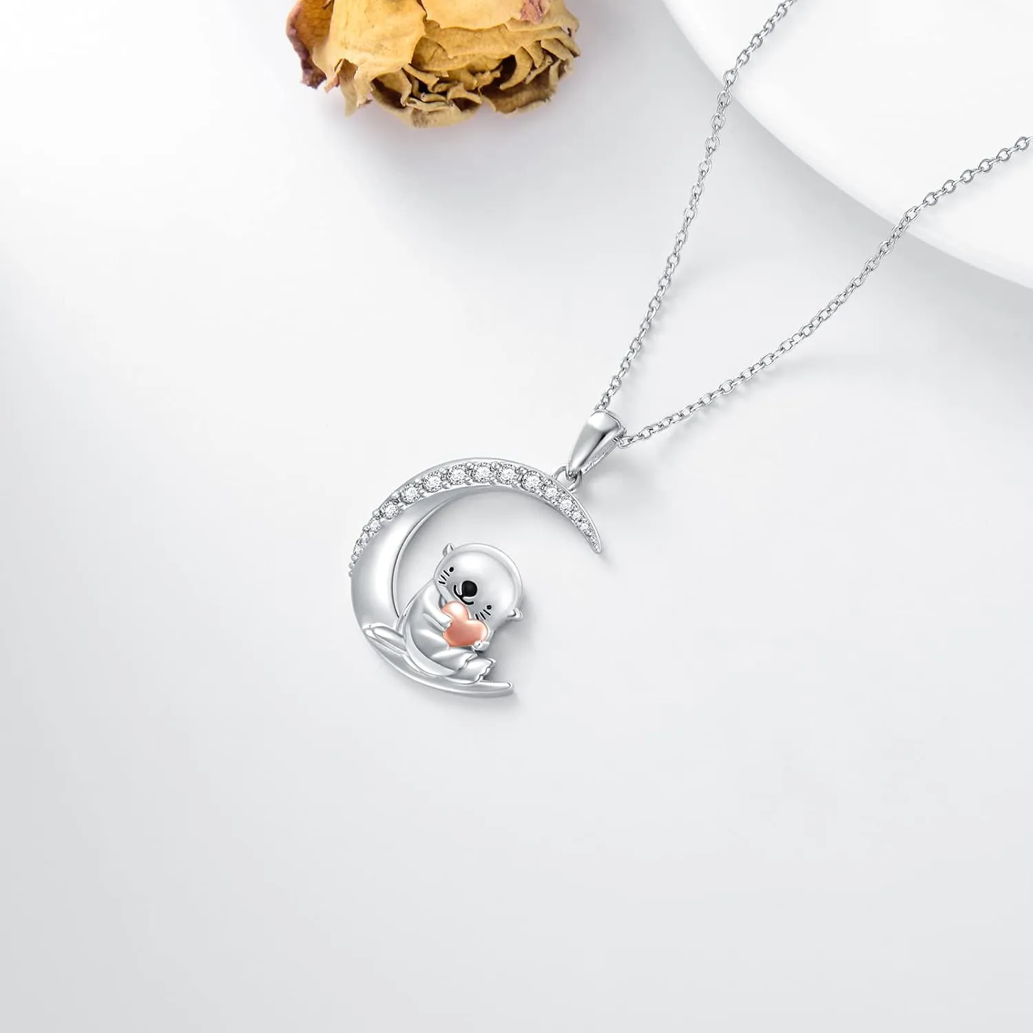 PROESS Animal Birthstone Necklace 925 Sterling Silver Otter/Axolotl/Hippo Pendant Necklace Animal Birthstone Jewelry Gifts for Women