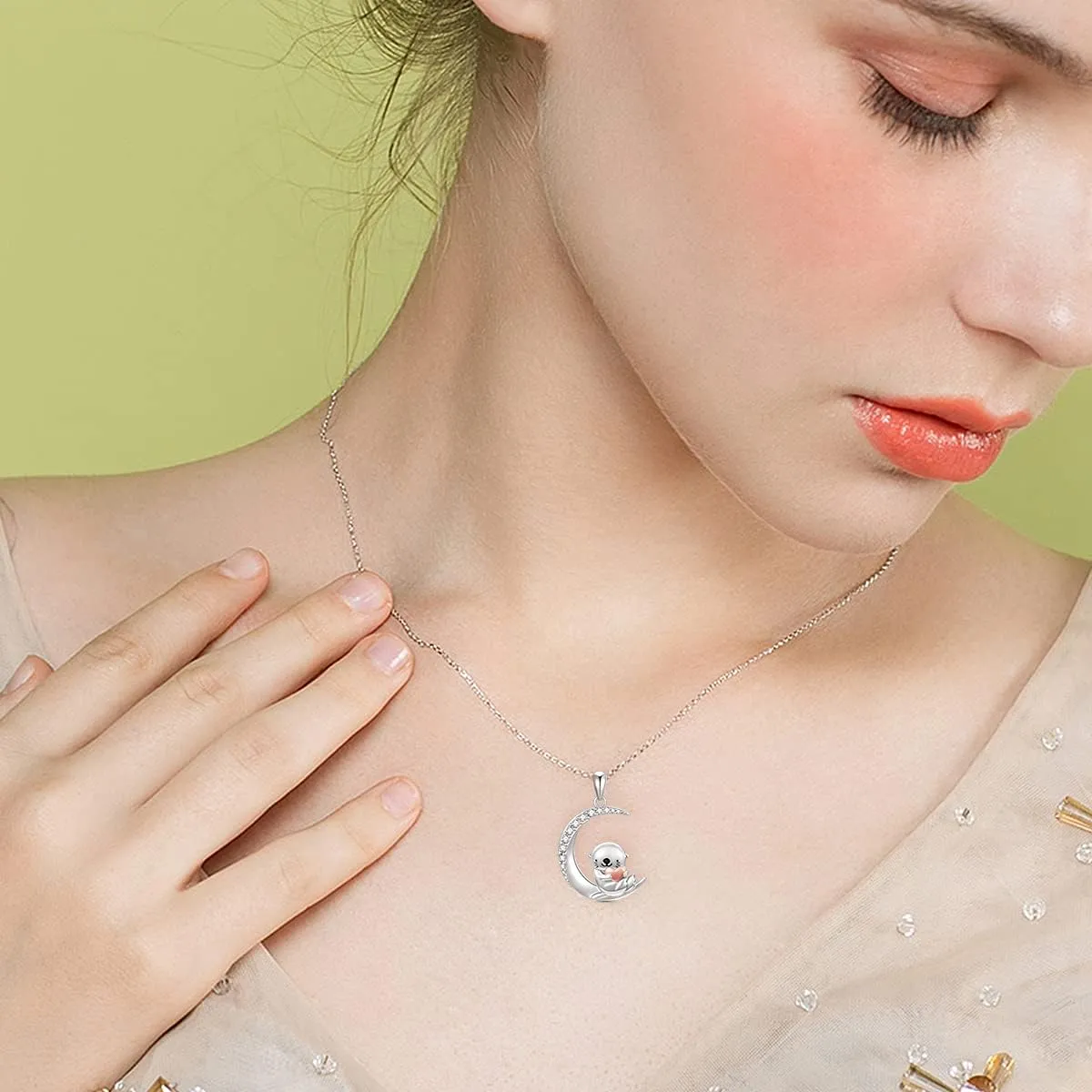 PROESS Animal Birthstone Necklace 925 Sterling Silver Otter/Axolotl/Hippo Pendant Necklace Animal Birthstone Jewelry Gifts for Women