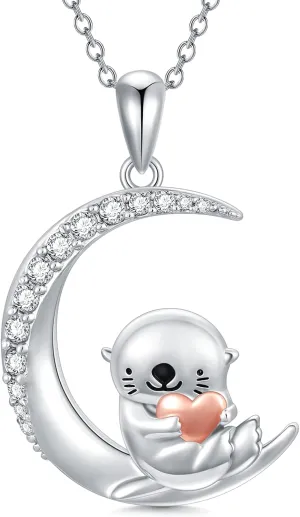 PROESS Animal Birthstone Necklace 925 Sterling Silver Otter/Axolotl/Hippo Pendant Necklace Animal Birthstone Jewelry Gifts for Women