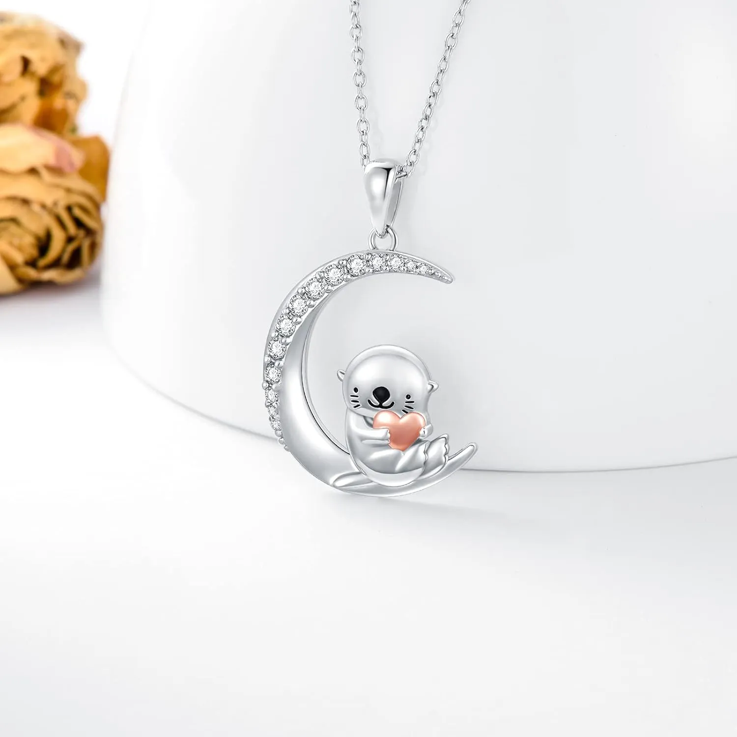 PROESS Animal Birthstone Necklace 925 Sterling Silver Otter/Axolotl/Hippo Pendant Necklace Animal Birthstone Jewelry Gifts for Women