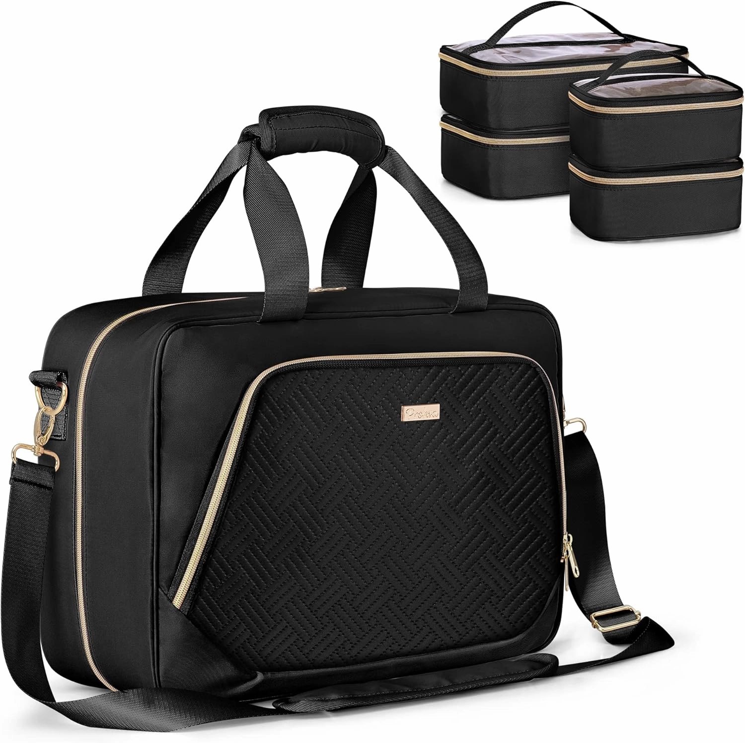 Professional Makeup Artist Travel Case with 4 Detachable Cosmetic Bags, Large Make up Organizer Bag with Makeup Kit Storage Section and Hair Tools Pocket, Black (Empty Bag Only)
