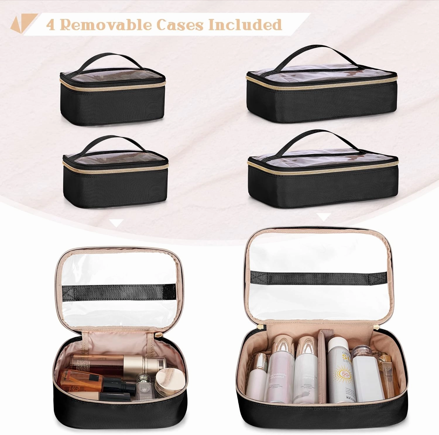 Professional Makeup Artist Travel Case with 4 Detachable Cosmetic Bags, Large Make up Organizer Bag with Makeup Kit Storage Section and Hair Tools Pocket, Black (Empty Bag Only)