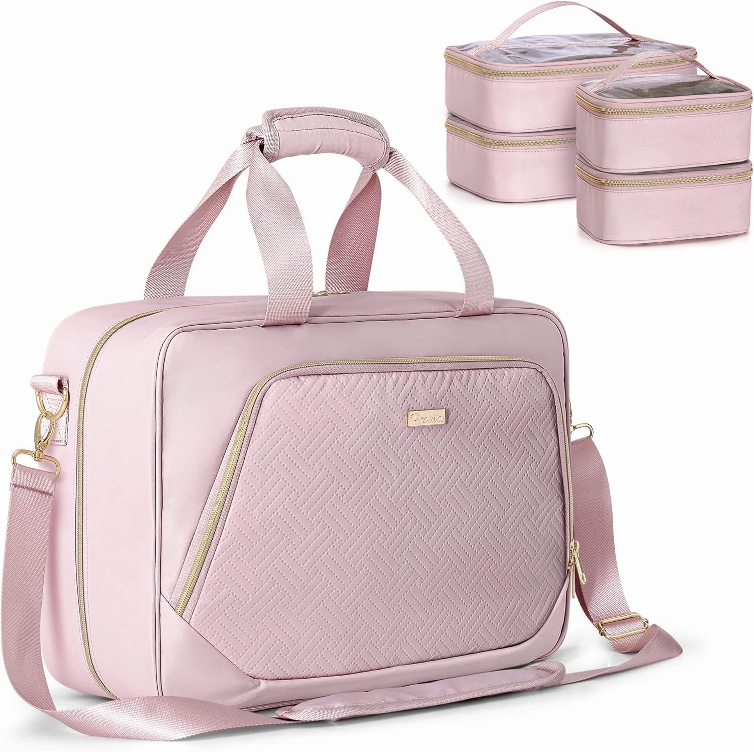 Professional Makeup Artist Travel Case with 4 Detachable Cosmetic Bags, Large Make up Organizer Bag with Makeup Kit Storage Section and Hair Tools Pocket, Pink (Empty Bag Only)