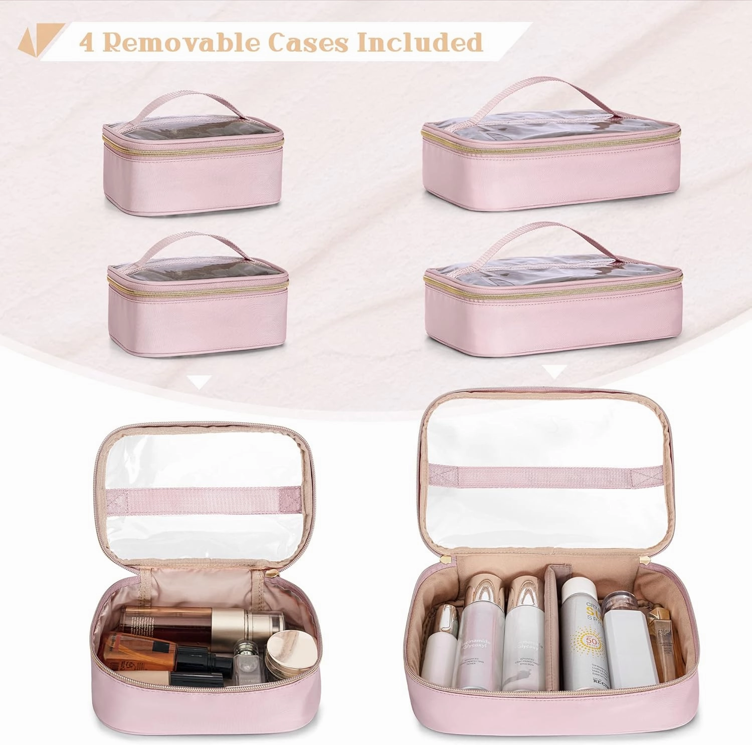 Professional Makeup Artist Travel Case with 4 Detachable Cosmetic Bags, Large Make up Organizer Bag with Makeup Kit Storage Section and Hair Tools Pocket, Pink (Empty Bag Only)