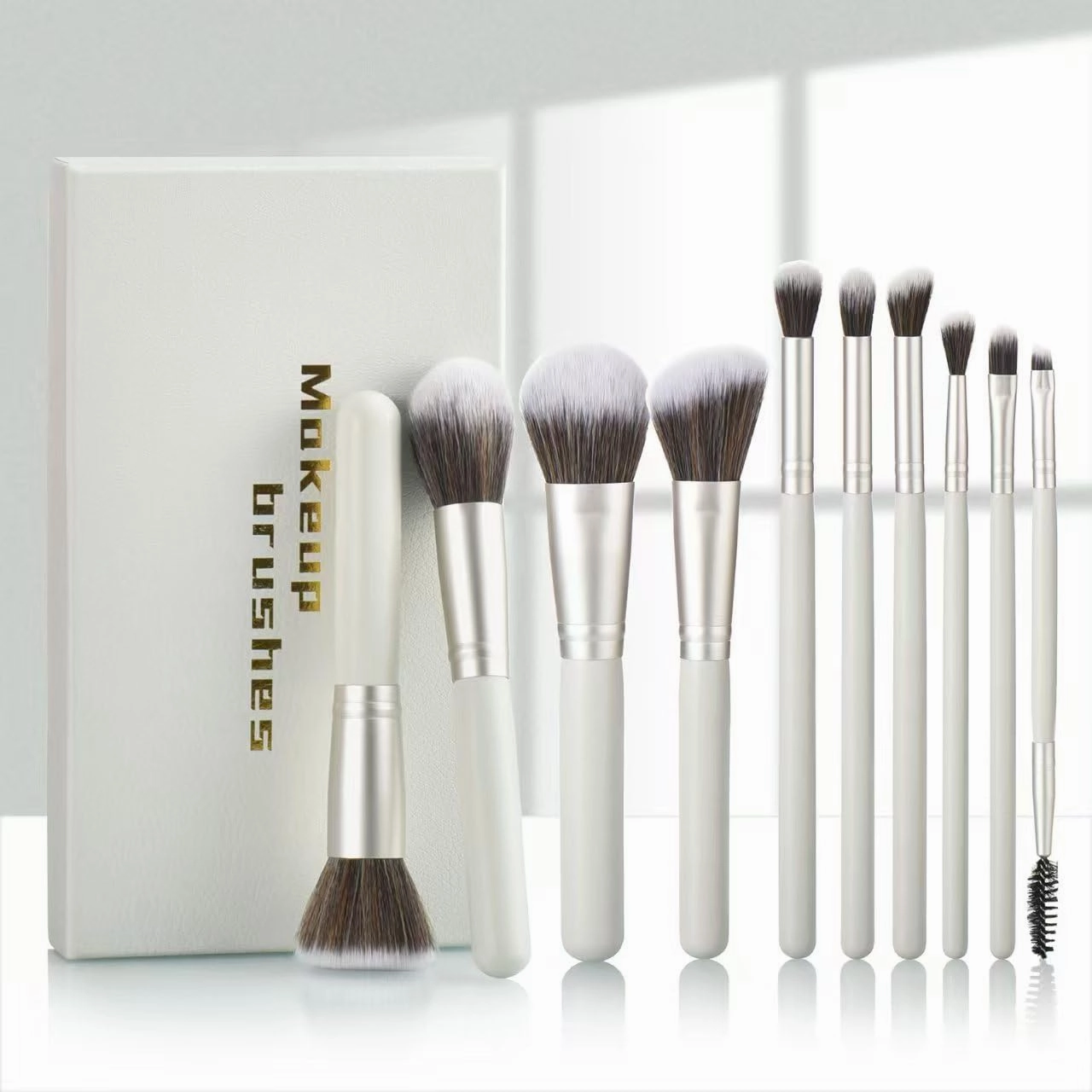 Professional Makeup Brush Set, 10 Piece Premium Collection with Case, White and Silver