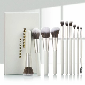 Professional Makeup Brush Set, 10 Piece Premium Collection with Case, White and Silver