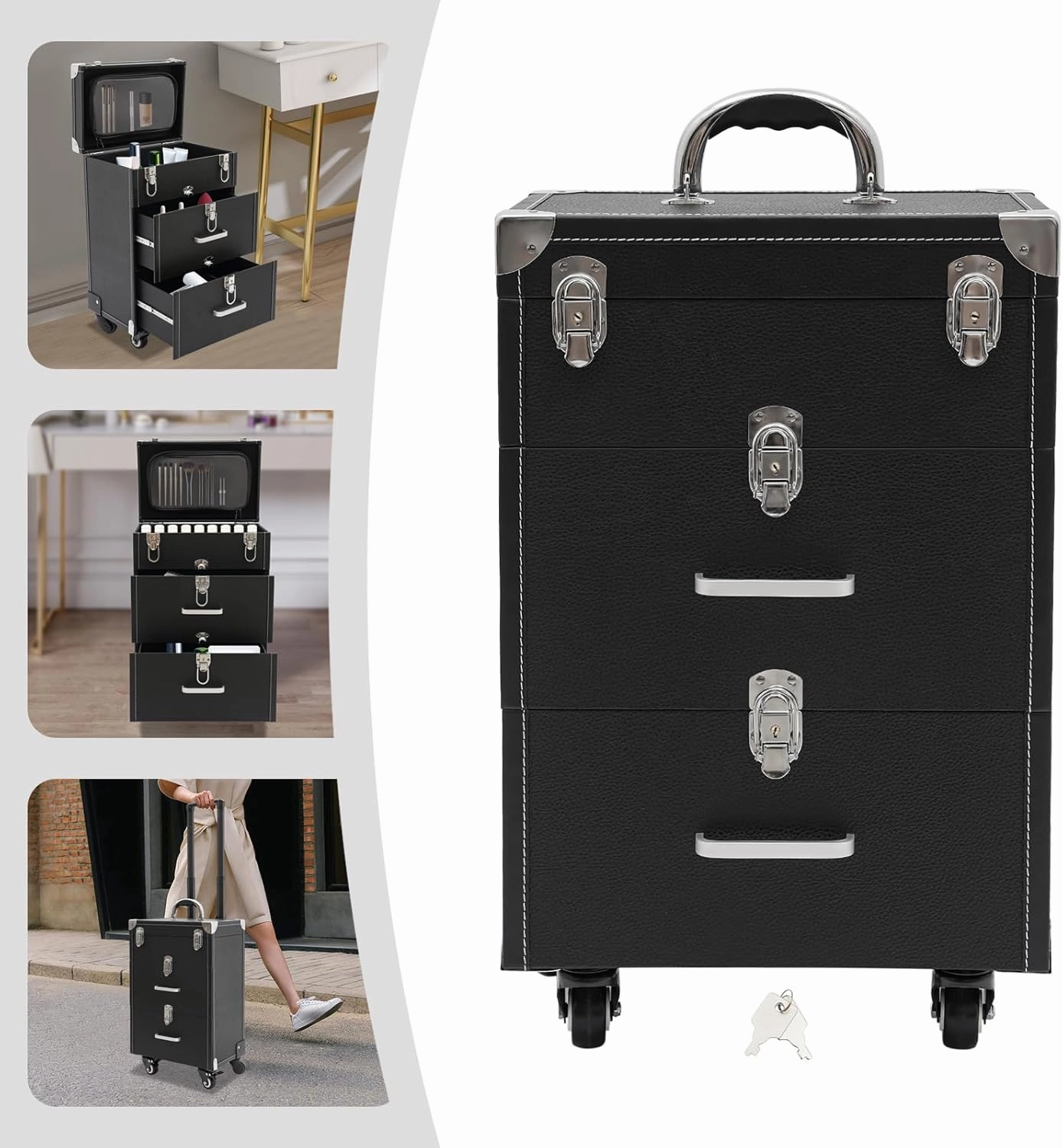 Professional Rolling Makeup Case, 14.1 * 9 * 22.4in Cosmetic Case Trolley, Lockable Make Up Suitcase Cosmetic Trolley, Makeup Suitcase with Wheels for Salon Barber (Black Silver)