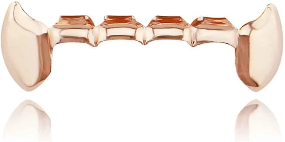 Psivika Gold Plated Shiny Hip Hop Teeth Grillz Caps Iced Out CZ Top and Bottom Vampire Fangs Grillz for Men and Women