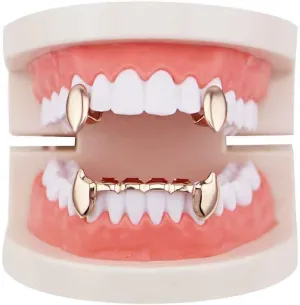 Psivika Gold Plated Shiny Hip Hop Teeth Grillz Caps Iced Out CZ Top and Bottom Vampire Fangs Grillz for Men and Women