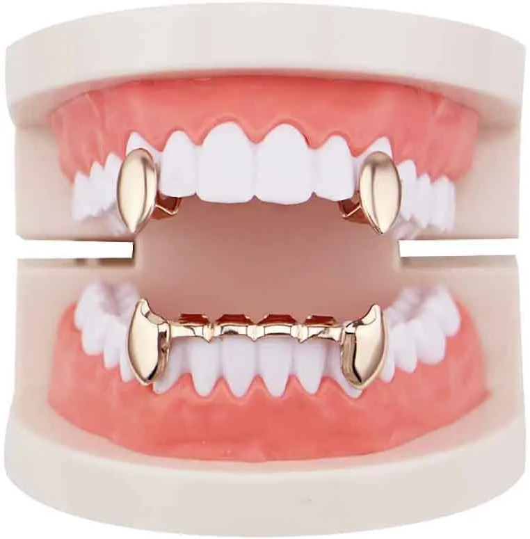 Psivika Gold Plated Shiny Hip Hop Teeth Grillz Caps Iced Out CZ Top and Bottom Vampire Fangs Grillz for Men and Women