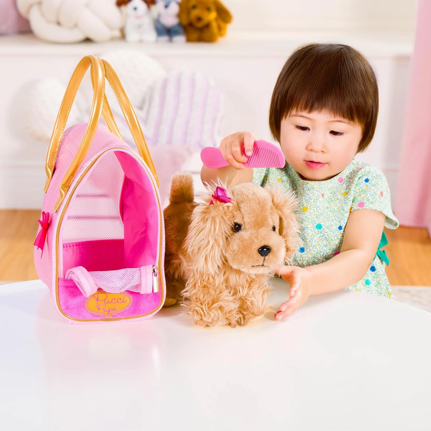 Pucci Pups – Plush Dog & Carrying Bag – Stuffed Animal Puppy with Accessories – Cocker Spaniel Stuffed Puppy – Comb & Purse – 2 Years   – Golden Dot Glam Bag & Cocker Spaniel