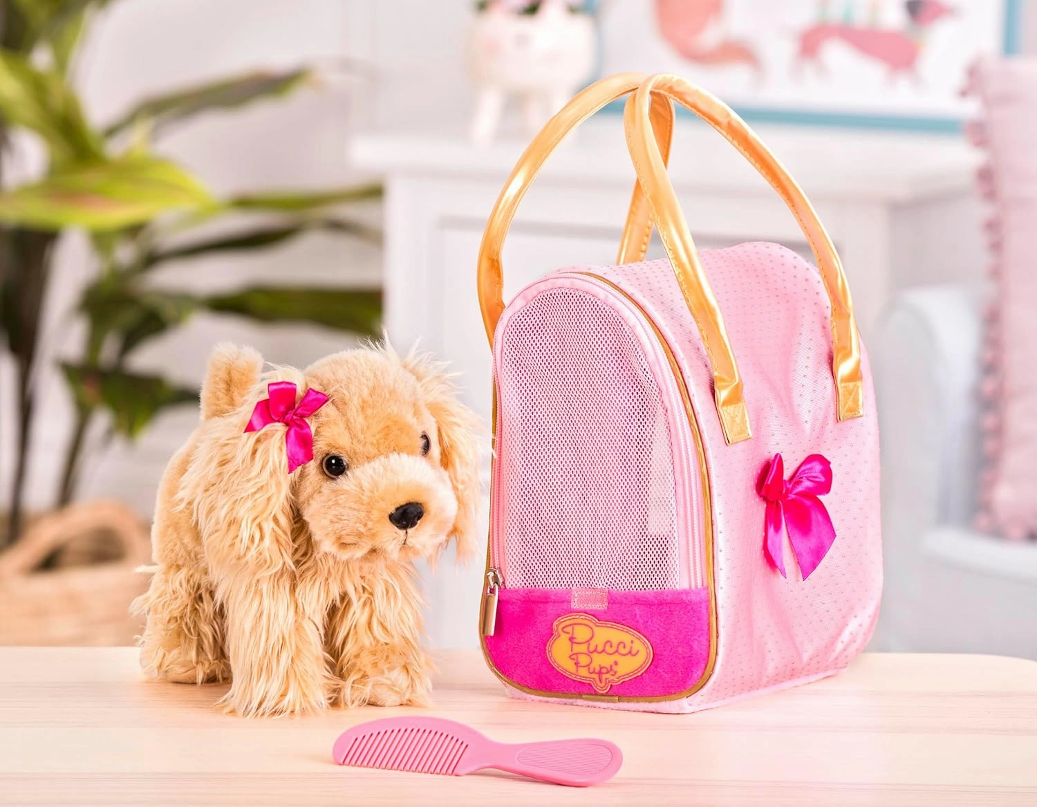 Pucci Pups – Plush Dog & Carrying Bag – Stuffed Animal Puppy with Accessories – Cocker Spaniel Stuffed Puppy – Comb & Purse – 2 Years   – Golden Dot Glam Bag & Cocker Spaniel
