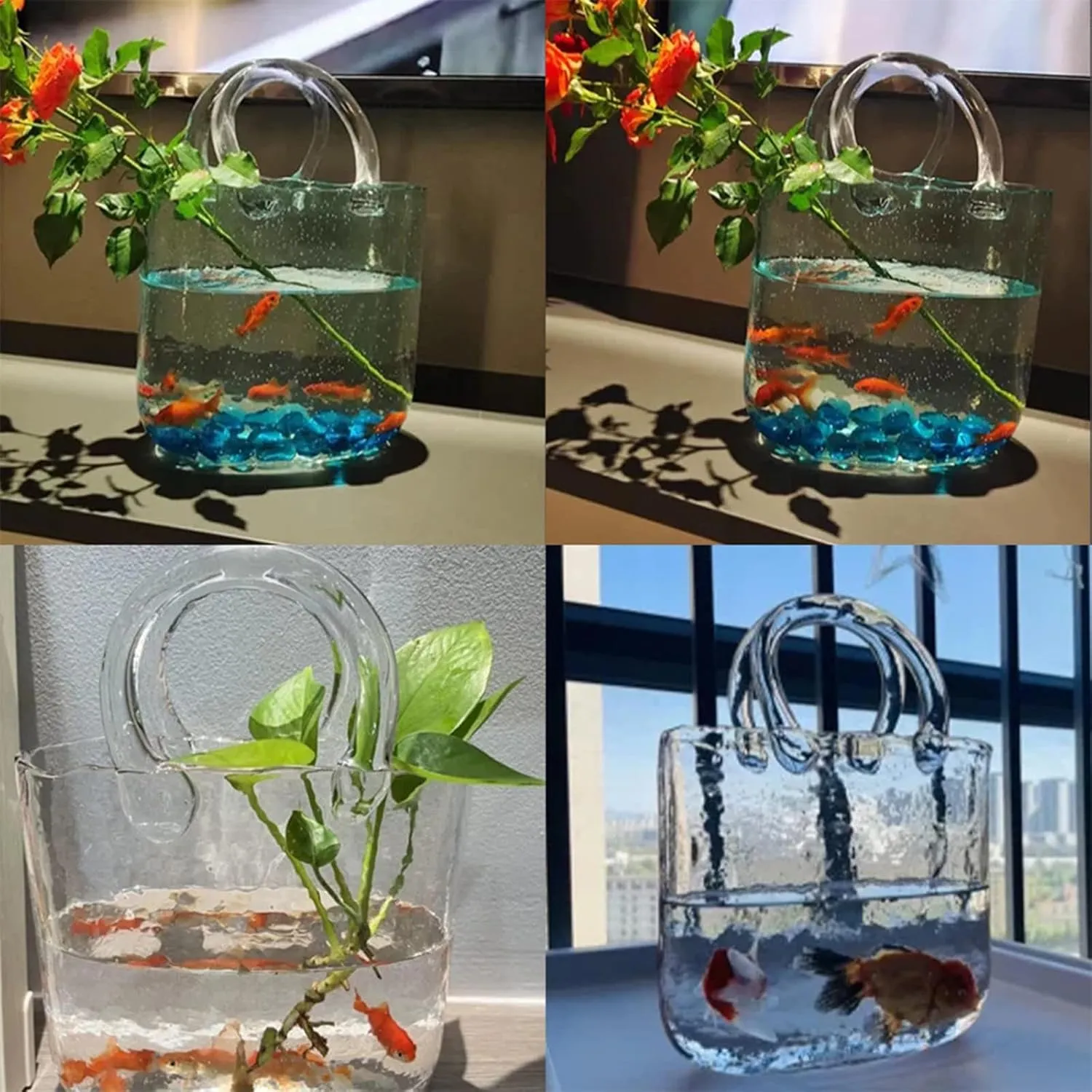 Purse Vase for Flowers, Hand Blown Glass Vase Purse Purse Vase with Fish Bowl Handbag Unique Flower Vase, for Flowers/Home Décor/Office,Style1-Pink